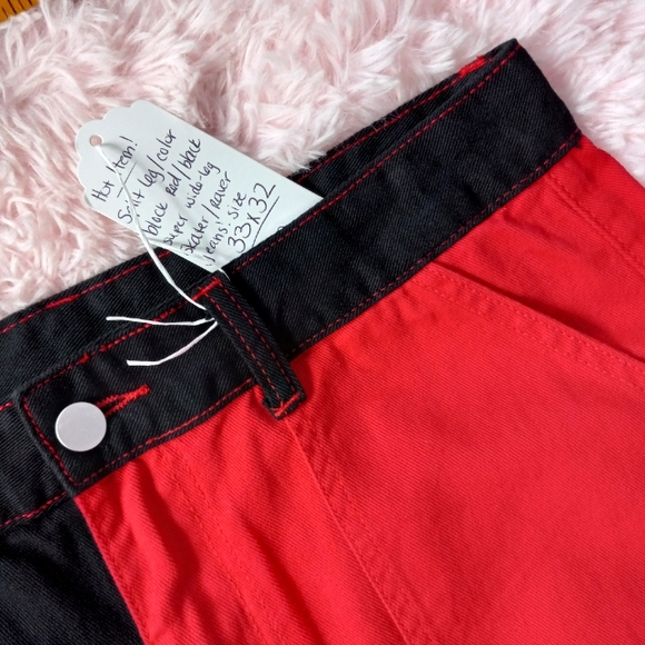 SOLD! Super wideleg red&black deep pocket skater jeans w/red stitching & d-rings - Picture 5 of 11
